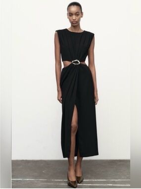 Zara Sleeveless Black Cutout Midi Dress with Front Slit